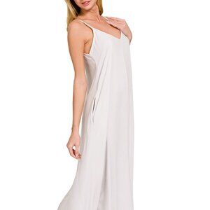 Zenana Boho Summer Breeze Bone White Woven Arc Hem Pockets Cami Midaxie